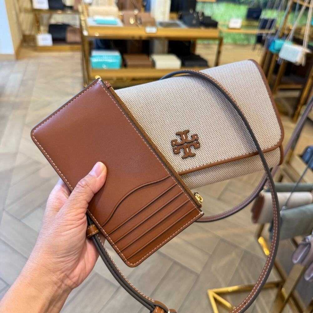 Tory Burch Thea Canvas Flat Wallet Crossbody 180150 Canvas / Classic Cuoio $425 - Picture 2 of 7